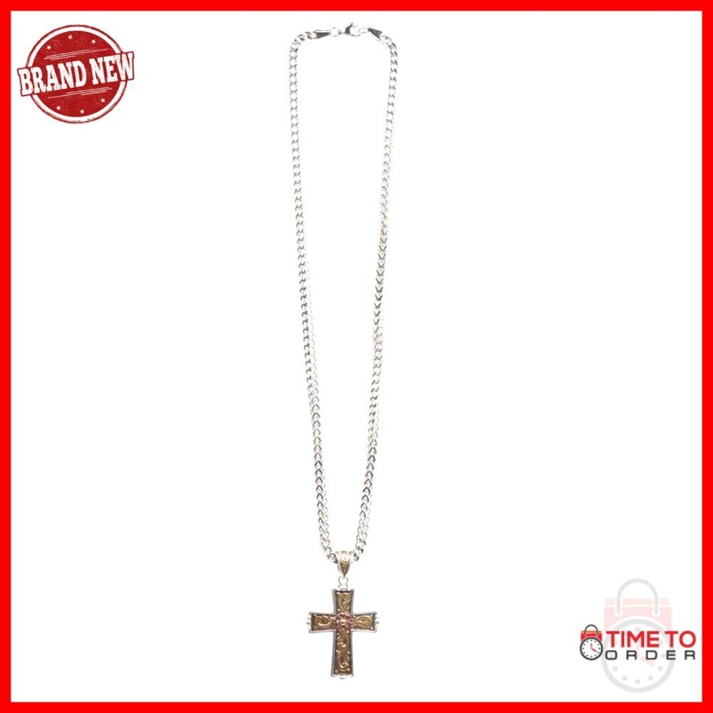 Men's Antique Cross Necklace 24" Chain with Ruby Stone